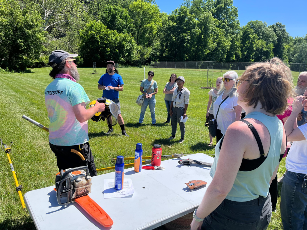 A group of people standing around a presenter talking to them about different tree pruning tools in front of a line of trees under a clear blue sky. In front of the presenter is a folding table with a chain saw and other tool equipment on it. A woman stands in front of the table watching the presenter speak. 